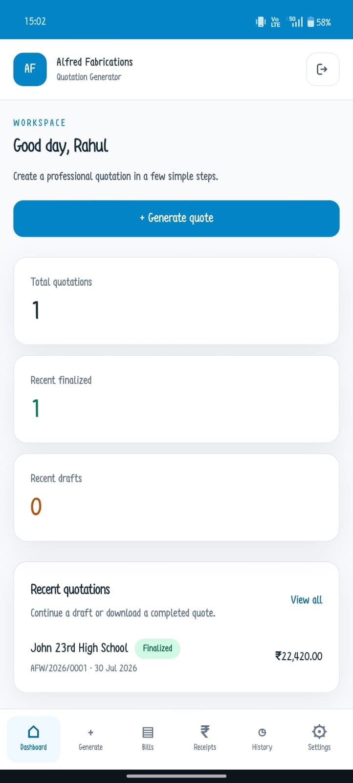 Quotation Generator mobile dashboard