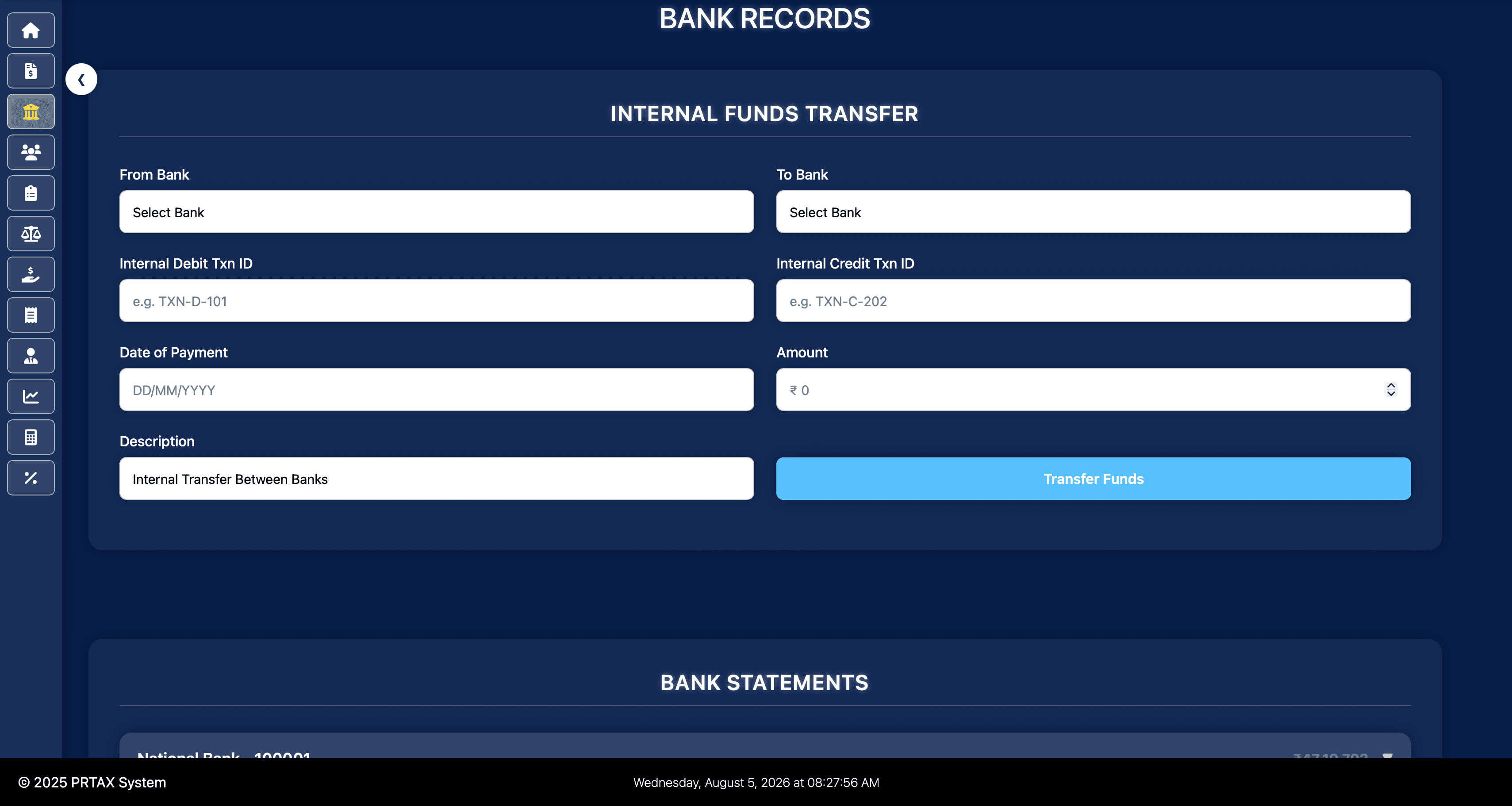 Internal bank contra entry in Property Tax Management System