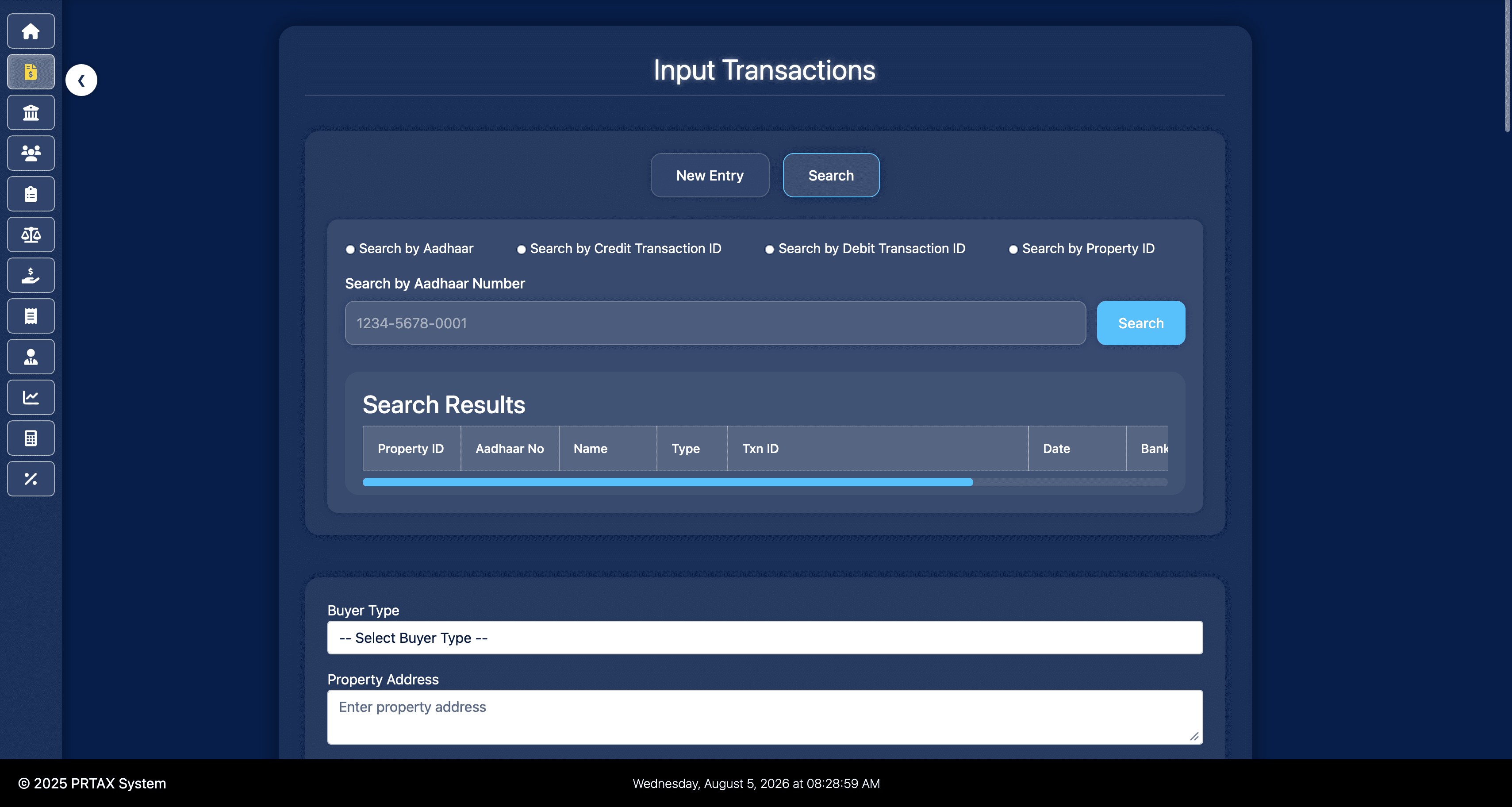 Property search and transaction entry in Property Tax Management System