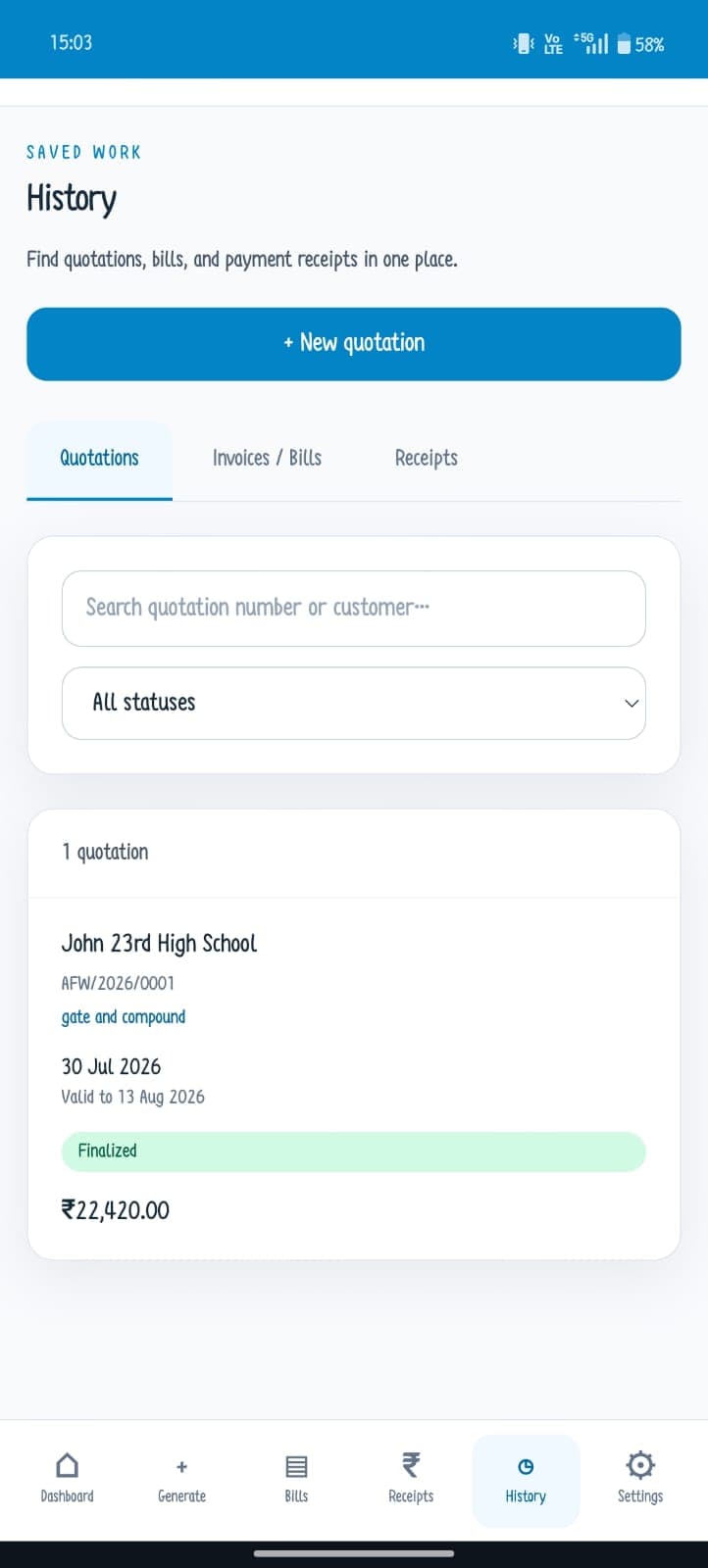 Combined history in the mobile Quotation Generator