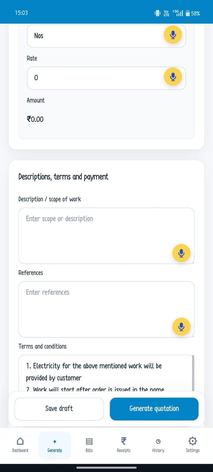 Voice input for quotation scope, references and terms
